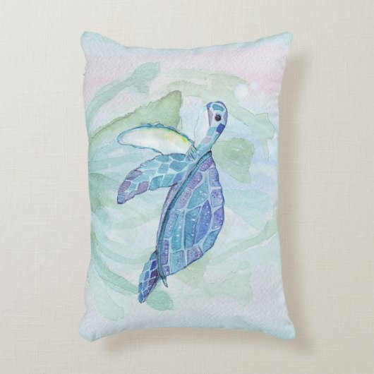 ウミガメの水彩画のパステル調のアクセントの枕 アクセントクッション (正面(垂直))