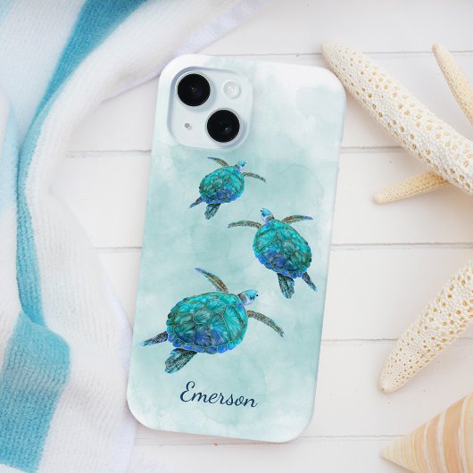 ウミガメの水彩画コーストスタイル 名前入り iPhone 15ケース