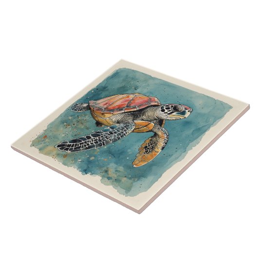 ウミガメの水彩画 タイル (側面)