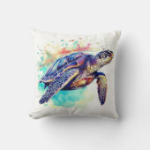 ウミガメの水色絵画の クッション (正面)