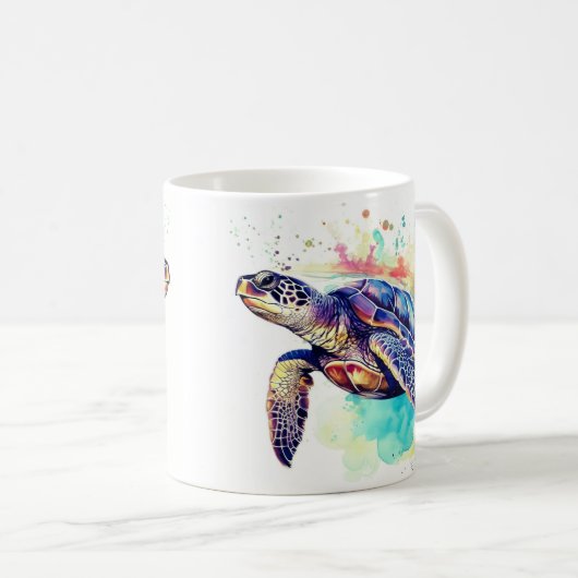 ウミガメの水色絵画の コーヒーマグカップ (正面右)
