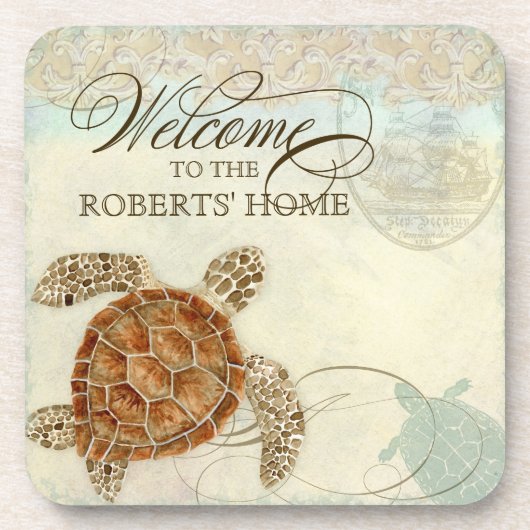 ウミガメの沿岸海岸-ビーチへの歓迎 コースター (正面)