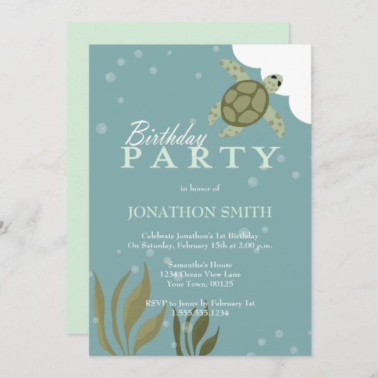 ウミガメの海のテーマの誕生日のパーティの招待状 招待状 (正面/裏面)