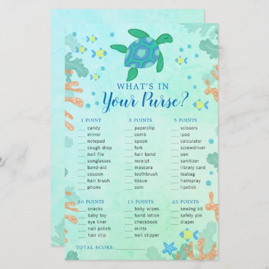 ウミガメの海の財布の下の赤ちゃんシャワーゲーム (正面/裏面)