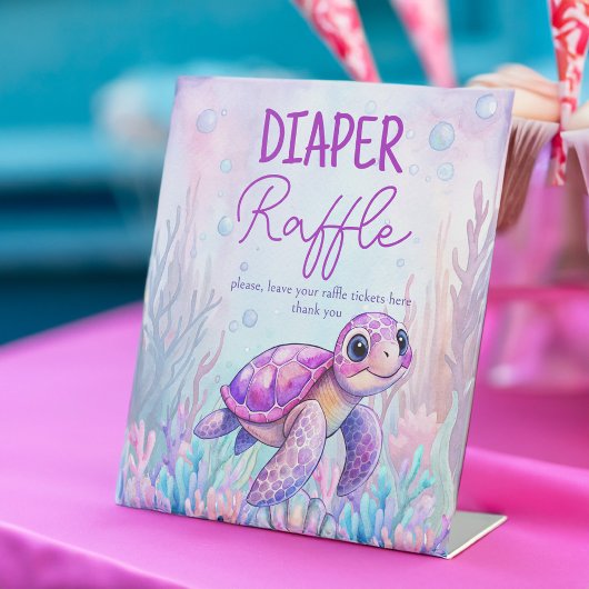 ウミガメの紫の赤ちゃんシャワーラッフルの下 台座サイン