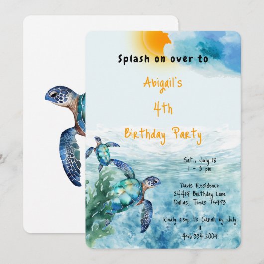 ウミガメの誕生日パーティー Under the Sea Turtle Birthday Party 招待状 (正面/裏面)
