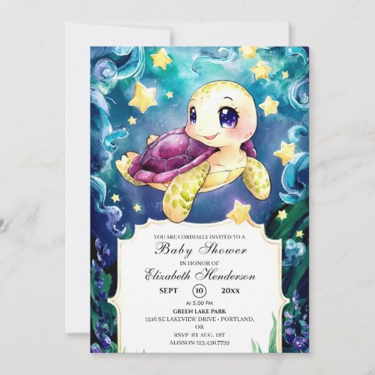 ウミガメの赤ちゃんシャワーで魅了される 招待状 (正面)