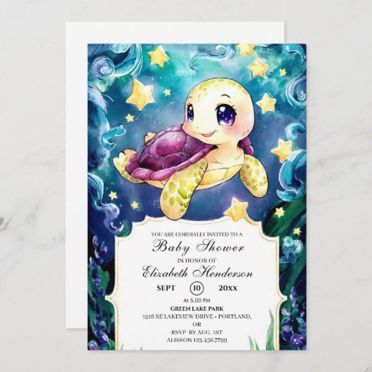 ウミガメの赤ちゃんシャワーで魅了される 招待状 (正面/裏面)
