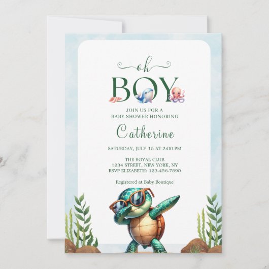 ウミガメの赤ちゃんシャワーの下のオ男の子 招待状 (正面)