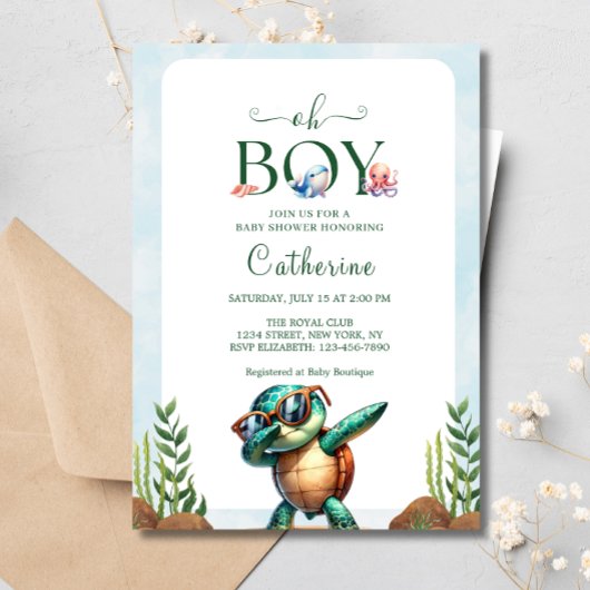 ウミガメの赤ちゃんシャワーの下のオ男の子 招待状