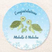 ウミガメの赤ちゃんシャワーの下 ラウンドペーパーコースター (正面)