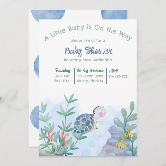 ウミガメの赤ちゃんシャワーの下 招待状 (正面/裏面)