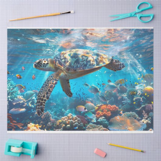 ウミガメの鮮やかな色のデコパージュ 薄葉紙 (クラフト)