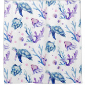 ウミガメやサンゴの模様 シャワーカーテン (正面)