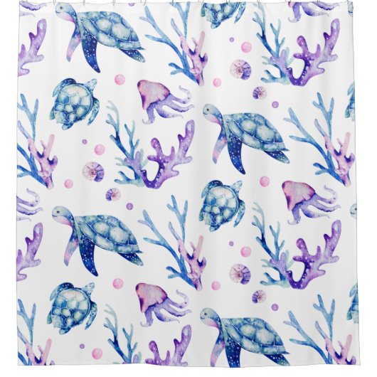 ウミガメやサンゴの模様 シャワーカーテン (正面)