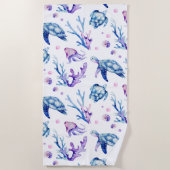 ウミガメやサンゴの模様 ビーチタオル (正面)