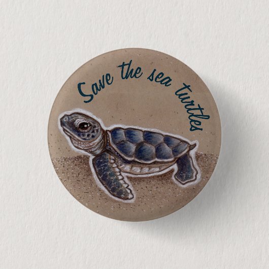 ウミガメを救って下さい 缶バッジ (正面)