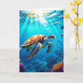 ウミガメカラフル水中シーン誕生日 カード (黄色い花)
