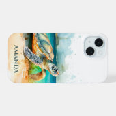 ウミガメビーチの水彩画 iPhone 15ケース (裏面横)