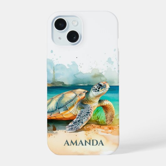 ウミガメビーチの水彩画 iPhone 15ケース (裏面)