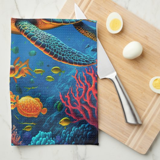 ウミガメビーチハウス海マリンライフアニマルズ キッチンタオル (四つ折り)