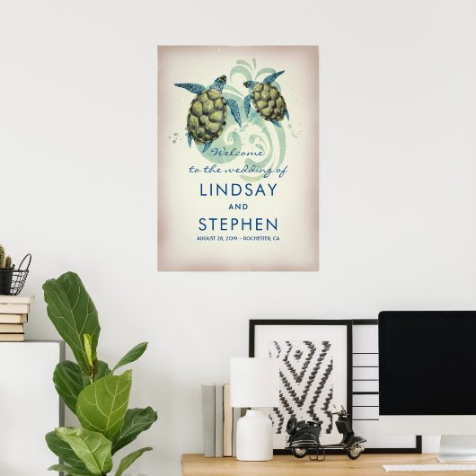 ウミガメビーチ結婚式ウェルカムサイン ポスター (ホームオフィス)