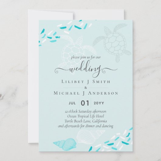 ウミガメビーチ結婚式ターコイズティール（緑がかった色） 招待状 (正面)
