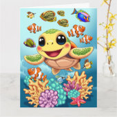 ウミガメベビーハッピー&カワイキャラクター カード (黄色い花)