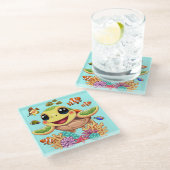 ウミガメベビーハッピー&カワイキャラクター ガラスコースター (アングル)