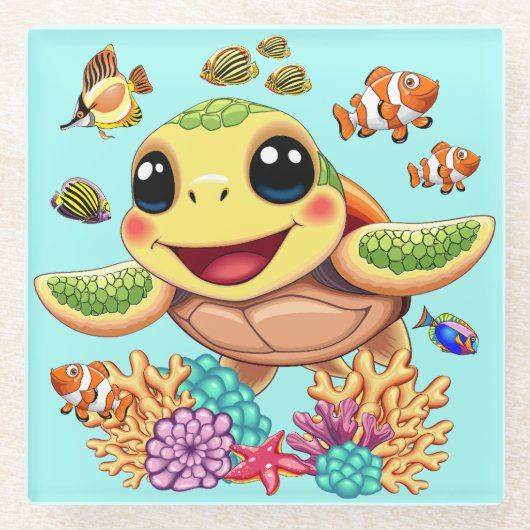 ウミガメベビーハッピー&カワイキャラクター ガラスコースター (正面)