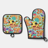 ウミガメベビーハッピー&カワイキャラクター 鍋つかみ&鍋敷きセット (正面)