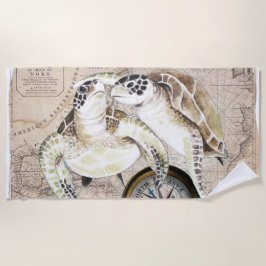 ウミガメヴィンテージ水彩コラージュアート ビーチタオル