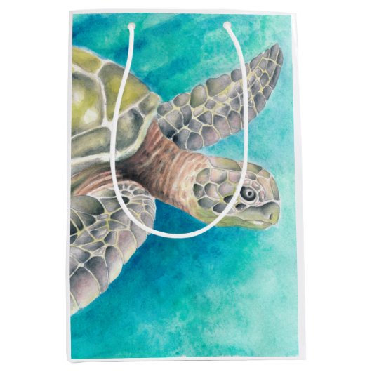 ウミガメ水彩グリーン ミディアムペーパーバッグ (正面)