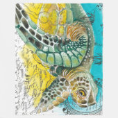 ウミガメ水彩ヴィンテージマップ白 フリースブランケット (正面)