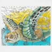 ウミガメ水彩ヴィンテージマップ白 フリースブランケット (正面(横))