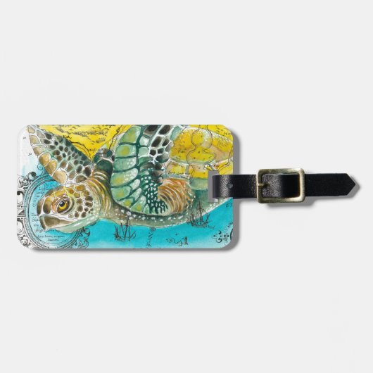 ウミガメ水彩ヴィンテージマップ白 ラゲッジタグ (正面横)