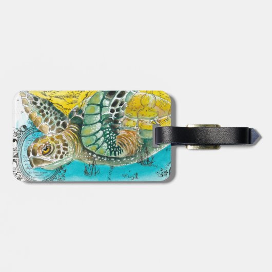 ウミガメ水彩ヴィンテージマップ白 ラゲッジタグ (裏面横)