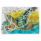 ウミガメ水彩ヴィンテージマップ白 ラージペーパーバッグ (正面)