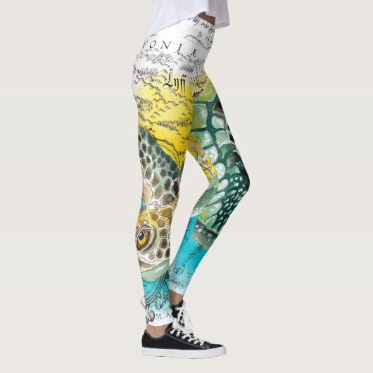 ウミガメ水彩ヴィンテージマップ白 レギンス (右)