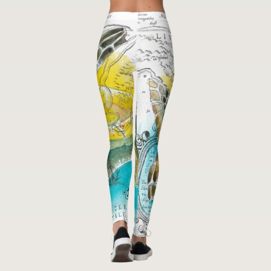 ウミガメ水彩ヴィンテージマップ白 レギンス (裏面)