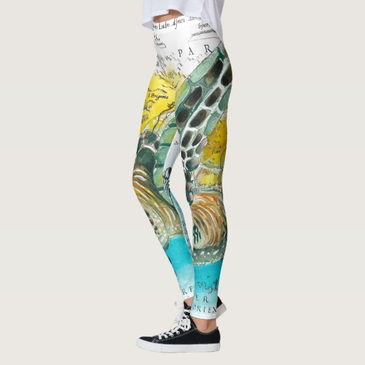 ウミガメ水彩ヴィンテージマップ白 レギンス (左)