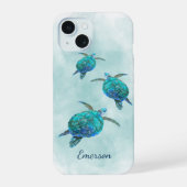 ウミガメ水彩沿岸名 iPhone 15ケース (裏面)