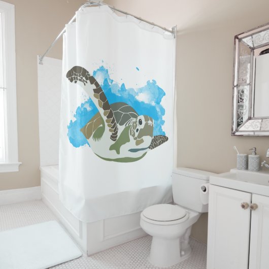 ウミガメ水色デザイン シャワーカーテン (インサイチュ)