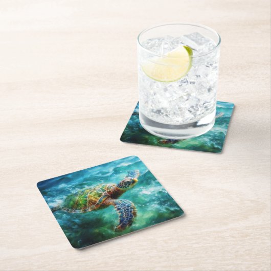 ウミガメ水色 スクエアペーパーコースター (インサイチュ)