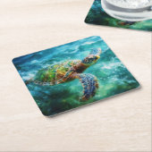 ウミガメ水色 スクエアペーパーコースター (アングル)