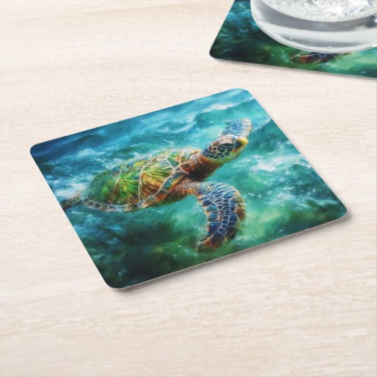 ウミガメ水色 スクエアペーパーコースター (アングル)