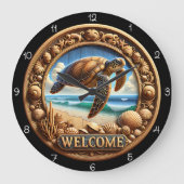 ウミガメ海彫刻ウェルカムクロック ラージ壁時計 (正面)