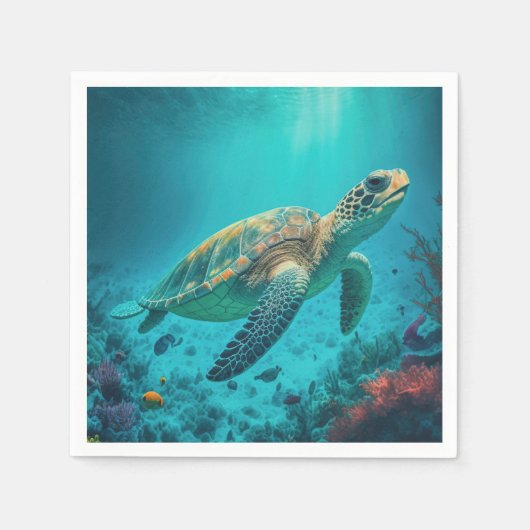 ウミガメ海海洋生物ビーチ自然動物 スタンダードカクテルナプキン (正面)