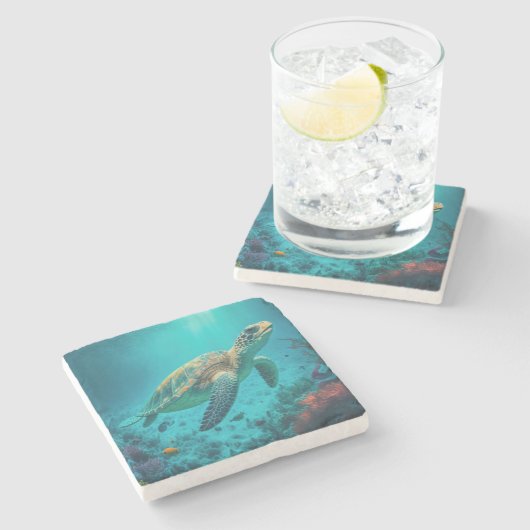 ウミガメ海海洋生物ビーチ自然動物 ストーンコースター (横)