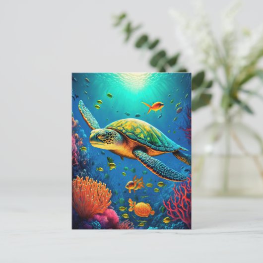 ウミガメ海海洋生物ビーチ自然動物 ポストカード (スタンド正面)